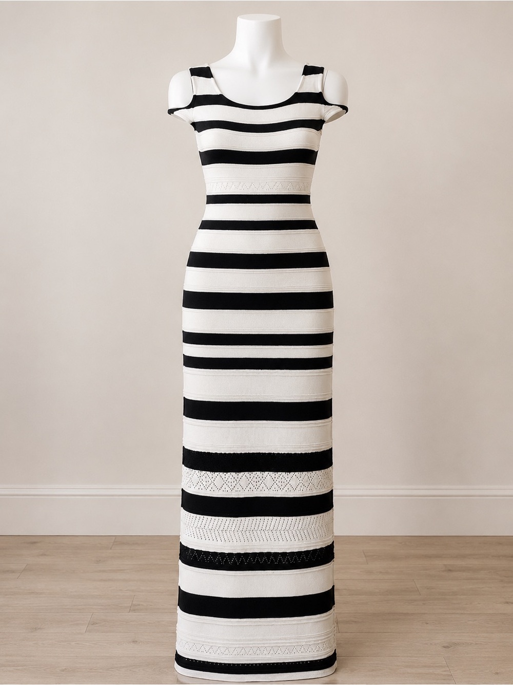 Macy's Black and White Striped Cold-Shoulder Midi Dress